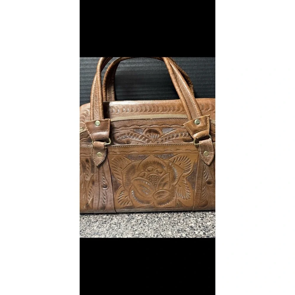 Vintage 80s Flores Bags Genuine‎ Leather Hand Tooled Satchel Purse Goat Mexico